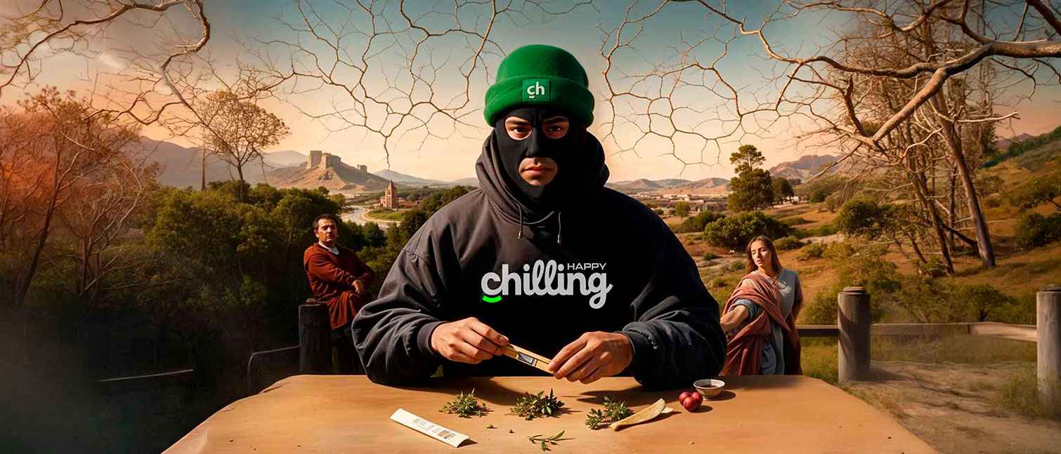 Pieza de marca de Happy Chilling en un paisaje clásico