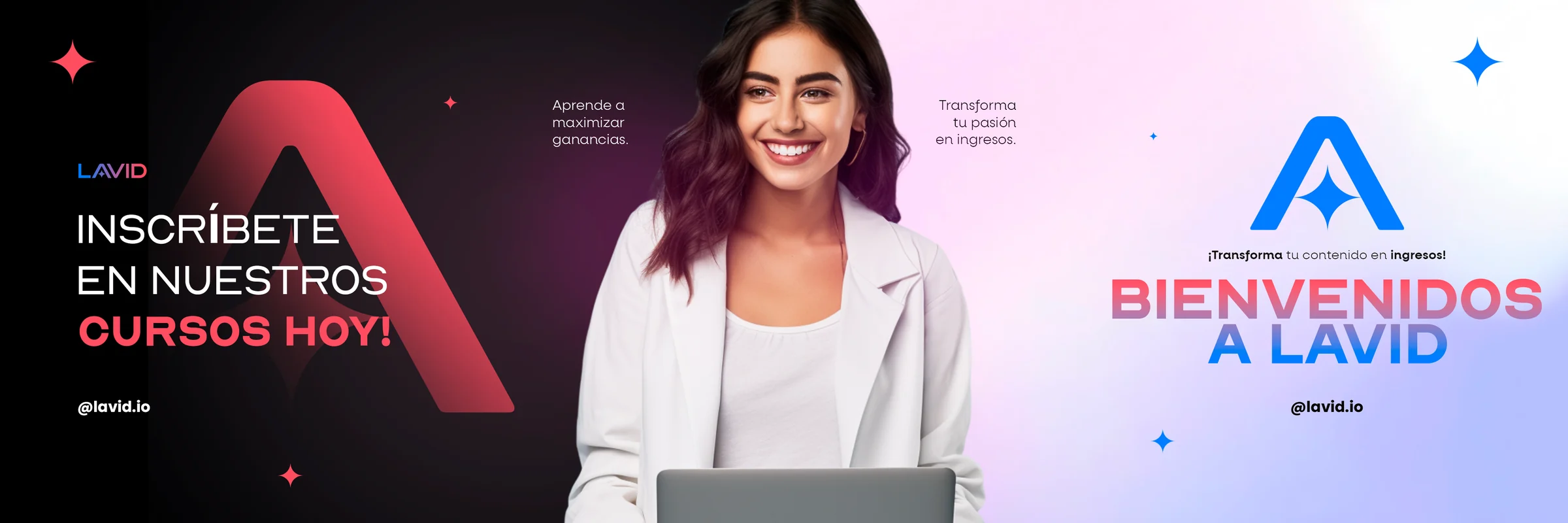 Landscape header: on the left, over black, a giant coral A and the call INSCRÍBETE EN NUESTROS CURSOS HOY; in the middle, a woman cut out at a laptop; on the right, over a pink gradient, BIENVENIDOS A LAVID beneath the logo