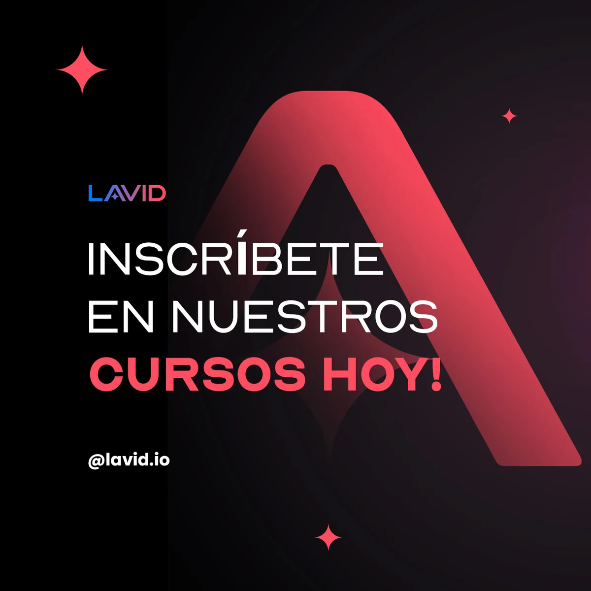 Square piece in black with a giant coral A behind the headline INSCRÍBETE EN NUESTROS CURSOS HOY
