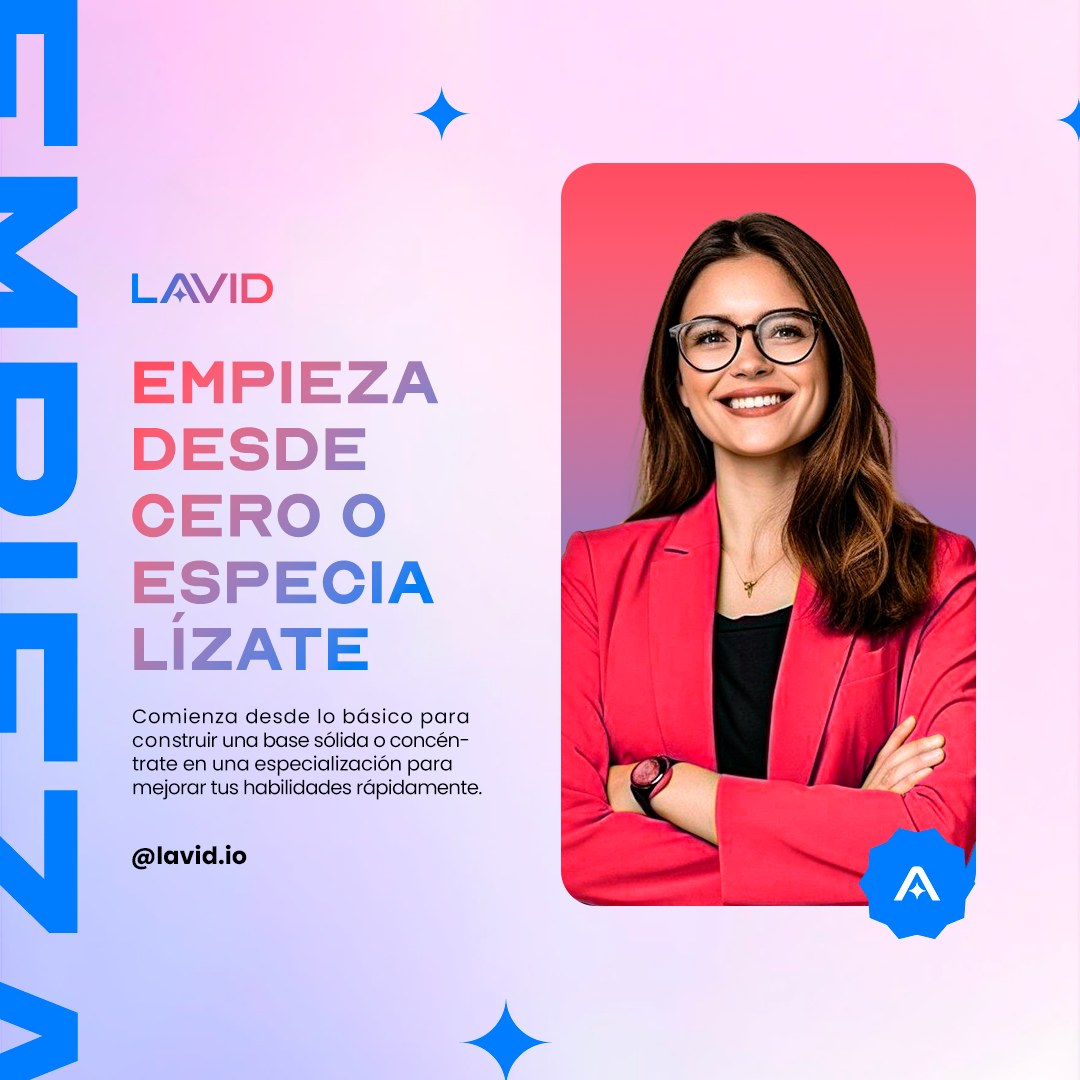 Woman in glasses and a coral jacket to the right of a five-line headline in gradient; on the left, the word EMPIEZA turned on its side and cropped by the edge