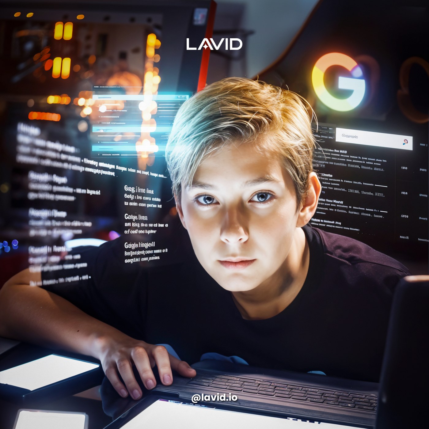 Young man facing lit interface screens, with Google's logo behind him and LAVID's above
