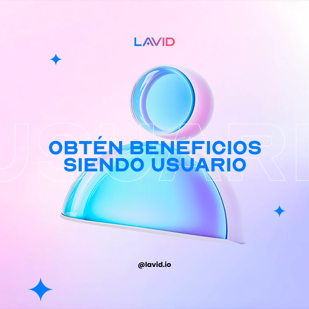 User avatar in iridescent glass over pink and lavender, with the word USUARIO outlined behind it and the headline in blue in front