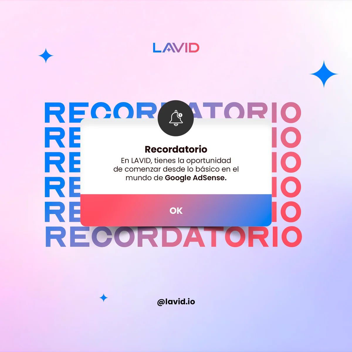The word RECORDATORIO repeated six times as a texture, with a system alert on top, a bell icon and an OK button in gradient