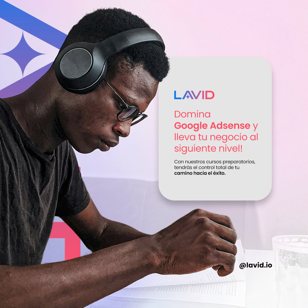 Man in headphones reading over a pink background, beside a grey card with the logo and a text about Google AdSense