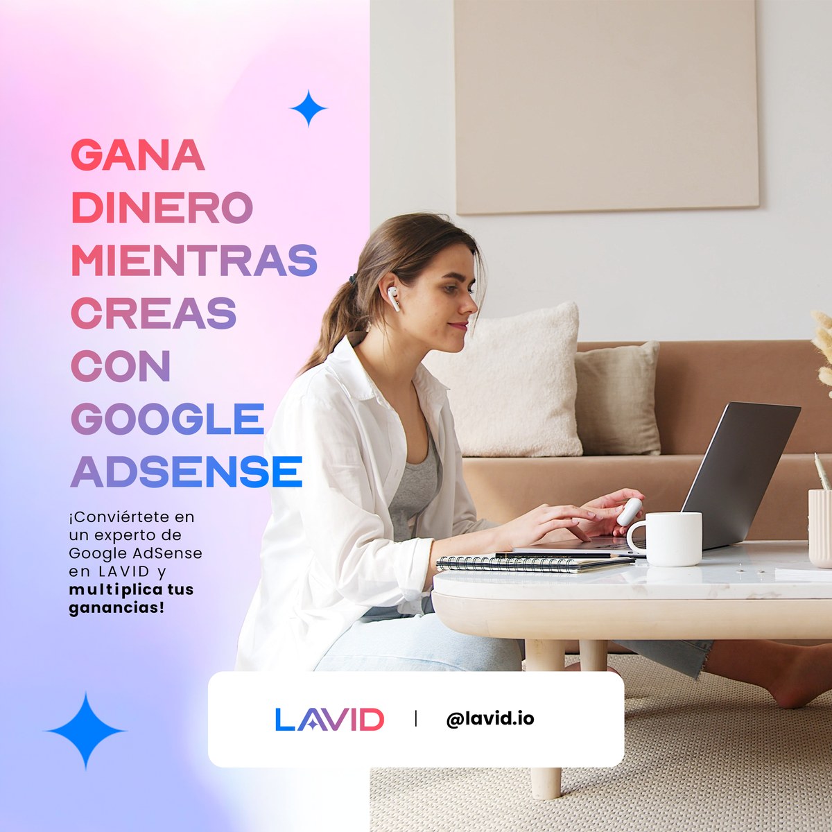 Woman at a laptop in a living room, to the right of a seven-line headline over a light background