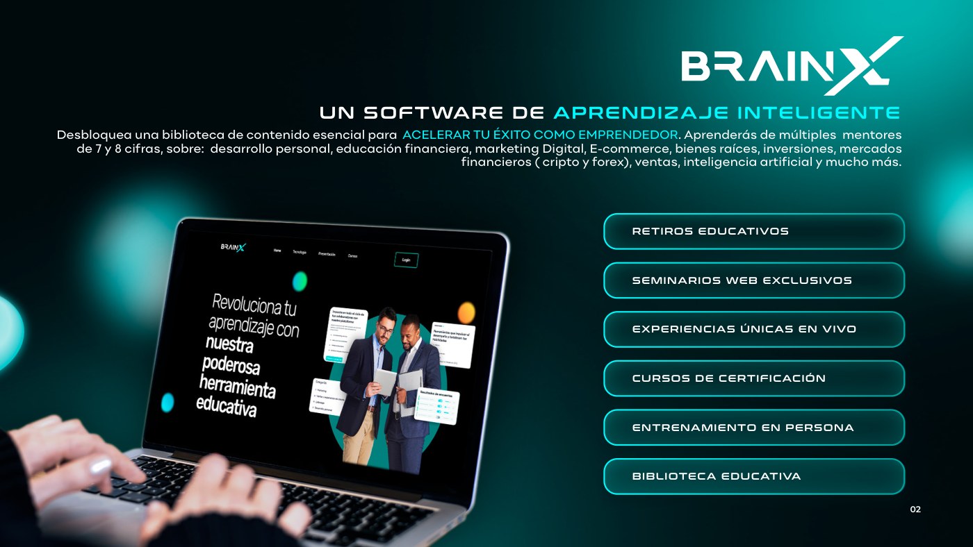 The BrainX software page, with a laptop and a list of services over a dark background