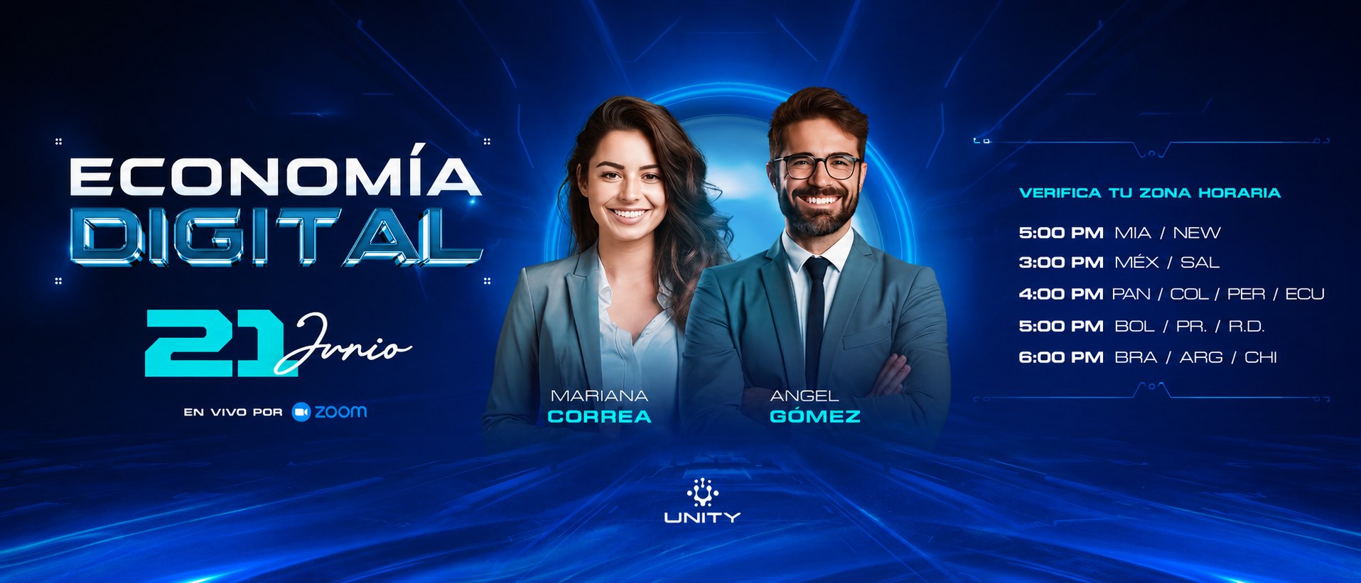 Banner del directo Economía Digital con dos ponentes recortados y la lista de husos horarios
