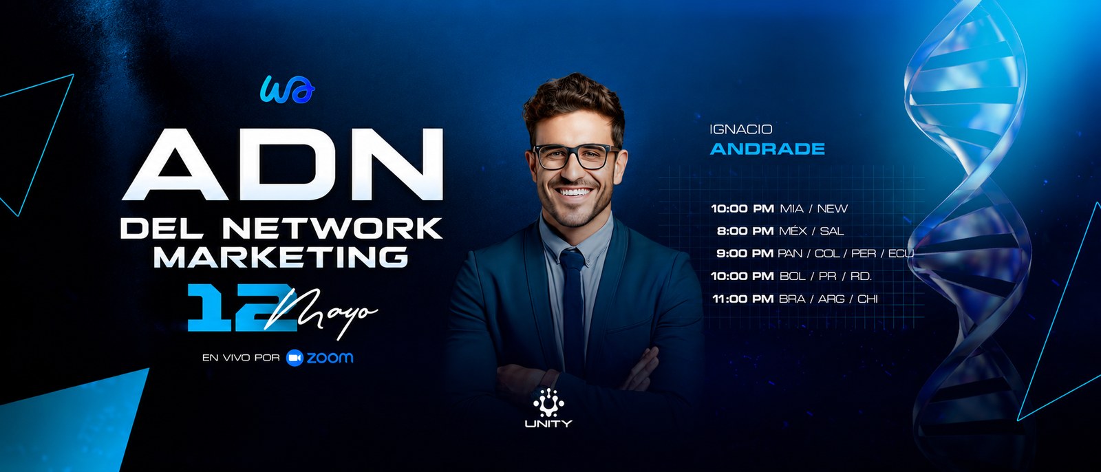 Banner del directo ADN del Network Marketing, con el ponente y una hélice de ADN