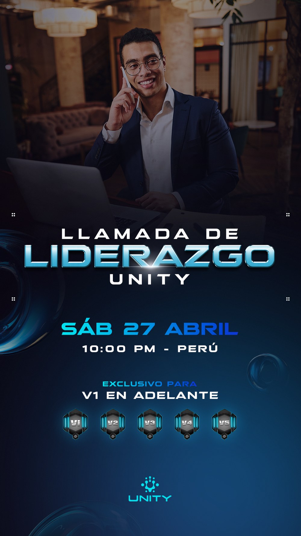 Pieza vertical de la llamada de liderazgo, con el ponente arriba y las insignias de rango al pie